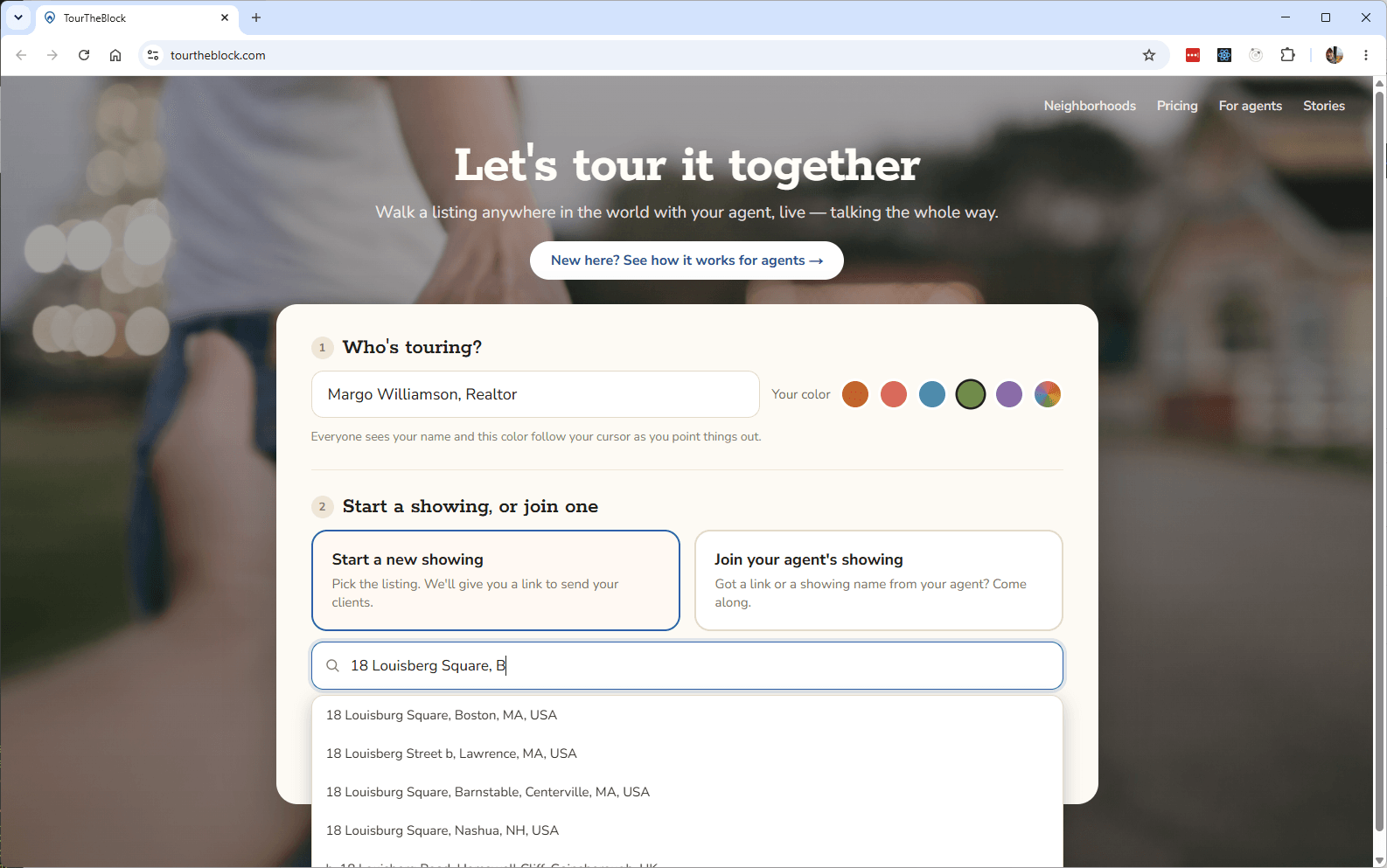 A listing address typed into TourTheBlock's address-search landing page, ready to start a showing