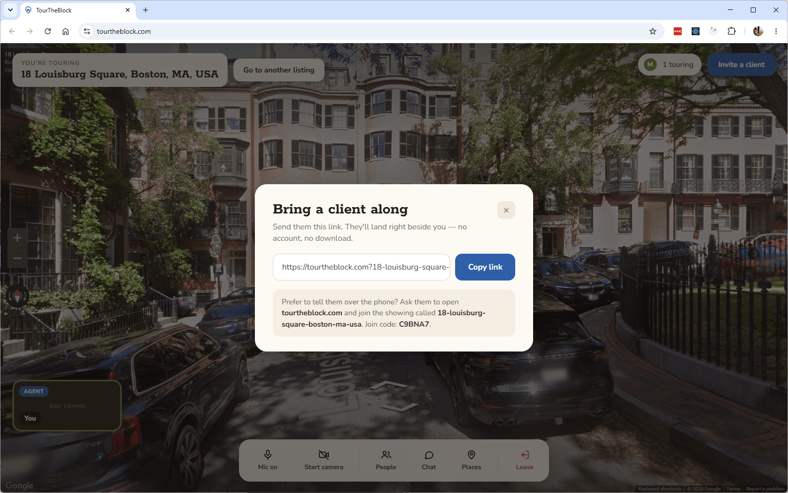 TourTheBlock's invite modal, showing the shareable link and join code for a showing