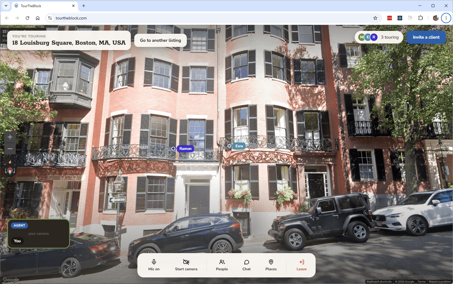 Two named, colored cursors pointing at a house together during a live TourTheBlock showing